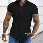 Short sleeved lapel shirt elastic thin solid color sports casual cardigan business no iron shirt oversized